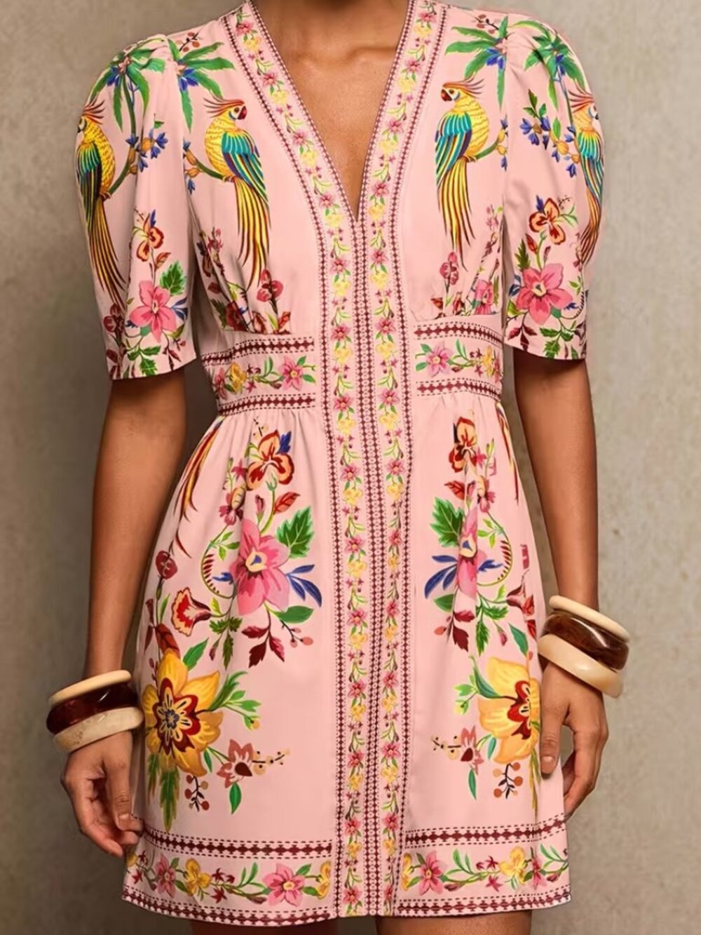 Pink Nature-Patterned Short Sleeve Mini Dress